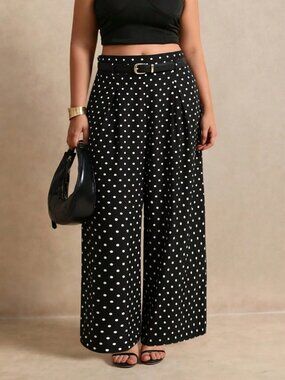 Black And White Elegant Women's Plus Size Polka Dot Wide Leg Pants